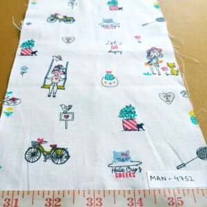 Cotton print fabric in children's playtime print with swings, cats, bicycles, badminton rackets