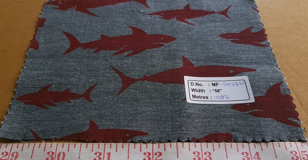 Shark print fabric- theme print fabric of red sharks on gray cotton fabric