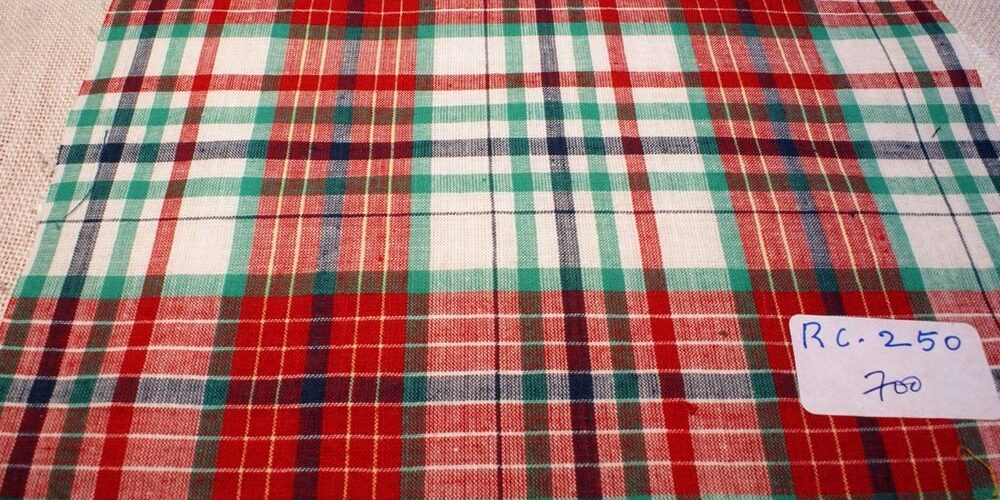 Red, green, white and blue plaid fabric