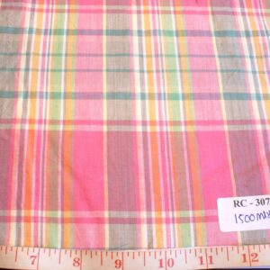 Madras check fabric in pink, gray, green, yellow and white plaids