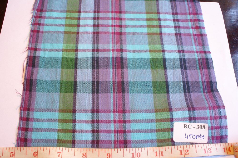 Madras check in blue, purple, green and black plaids