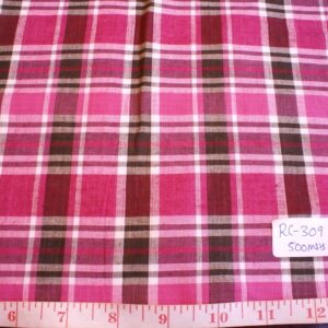 Madras fabric in pink, orange, brown and white plaid checks