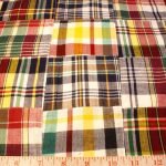 Patchwork Madras Fabric made of various Indian cotton madras plaids sewn together, suitable for preppy shirts, shorts, menswear and children's apparel.