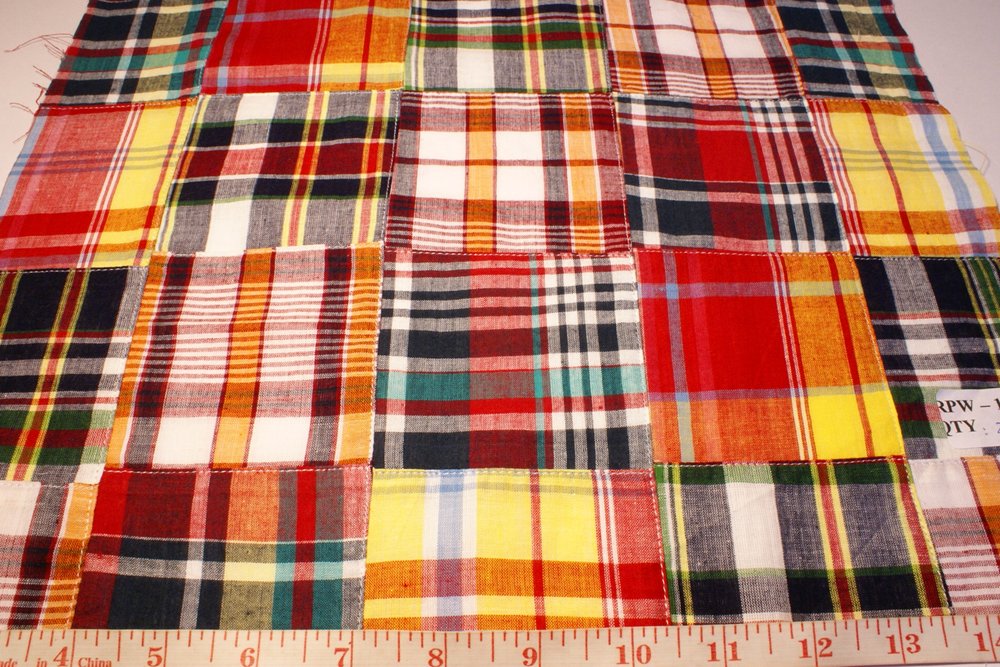 Patchwork Madras Fabric - plaid madras squares sewn together, for girl's clothing, smocked clothing, monnogramed apparel, handbags, tote bags and headbands