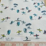Surfers & Surfboards" Nautical theme print fabric in cotton, perfect for beach shirts, beach shorts, childrens apparel, holiday and resort clothing.