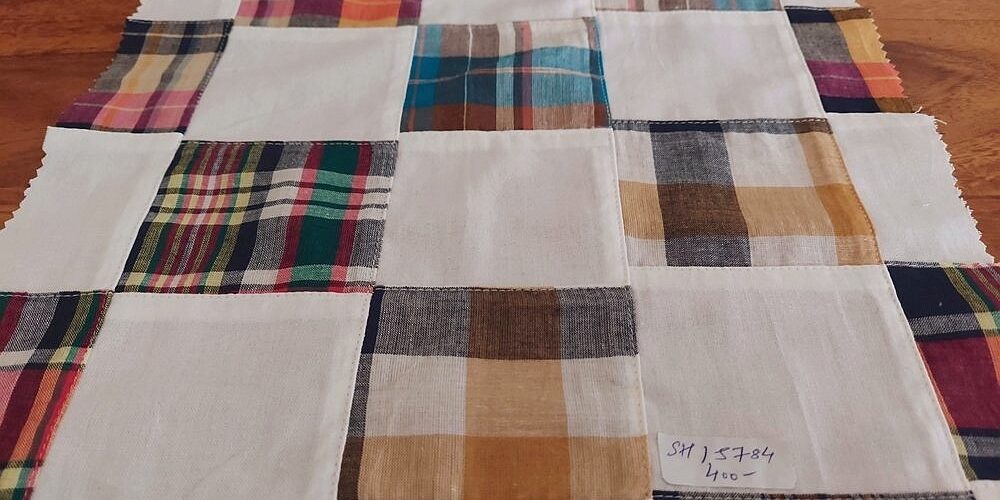 Patchwork Madras or patchwork plaid - a preppy fabric made of plaid fabric of various colors, ideal for preppy children's & men's clothing.