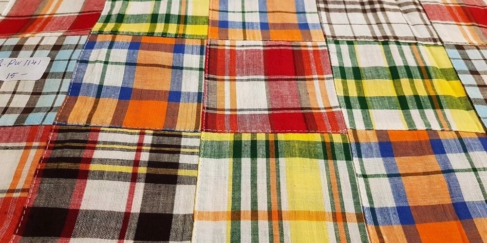 Patchwork Madras Fabric - cotton madras plaids cut and sewn into squares, to make a preppy fabric for plaid shirts, preppy style and ivy league fashion.