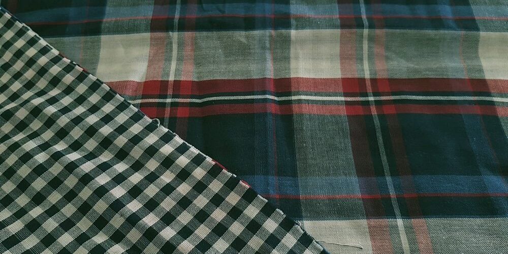 Plaid DoubleCloth Fabric with one side madras plaid, and the reverse side in ginham check, for dresses, shirts, and jackets or coats.