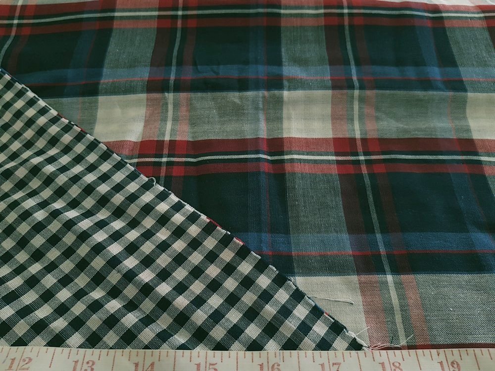 Plaid DoubleCloth Fabric with one side madras plaid, and the reverse side in ginham check, for dresses, shirts, and jackets or coats.