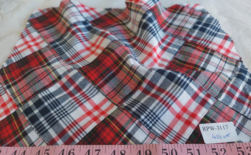 Diamond Patchwork Plaid fabric made of plaids sewn together into patchwork, like an argyle, used for shirts, pants, shorts and dresses.