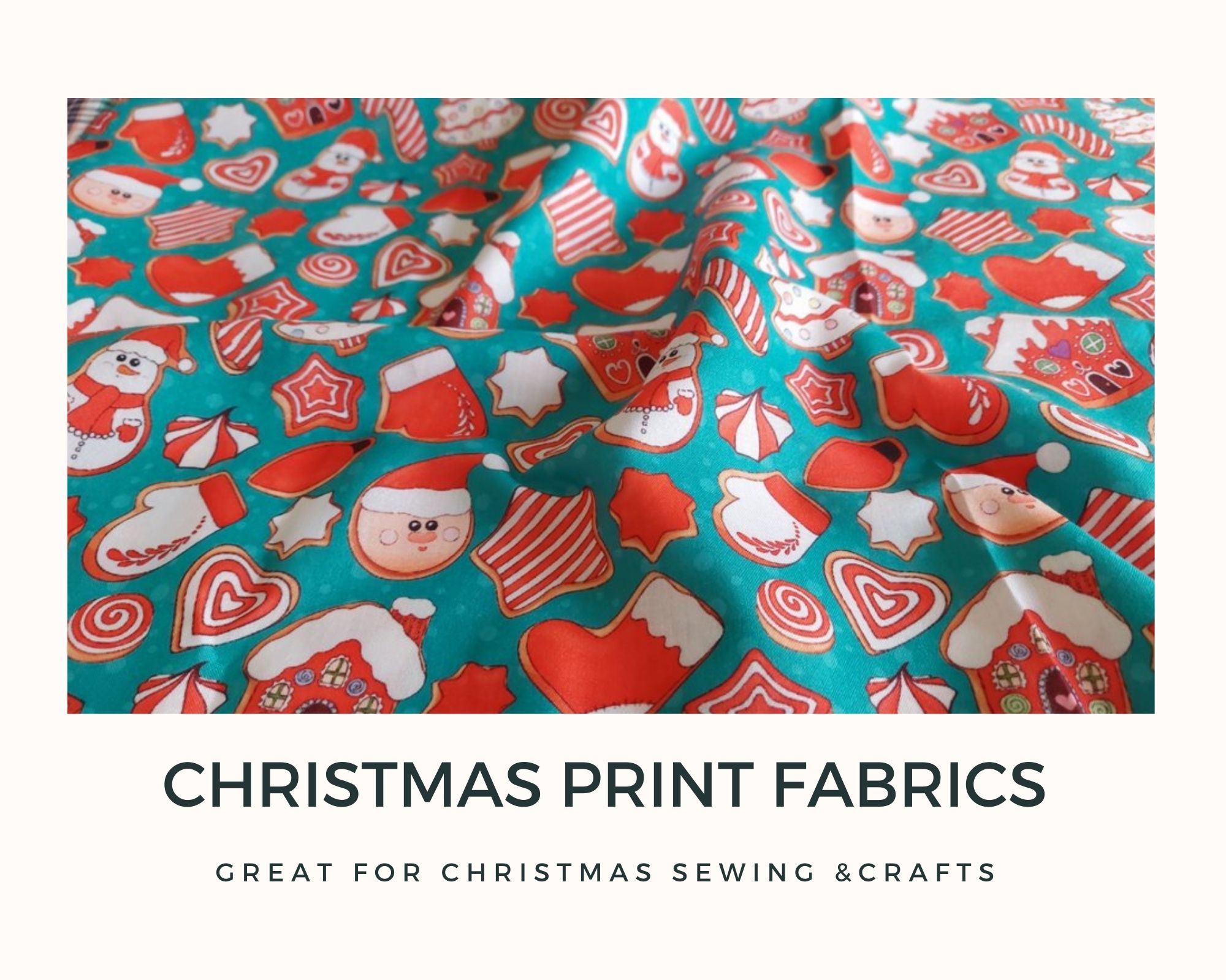 Christmas Print fabric in Christmas themes like Santa, holly leaves, stockings and holiday prints.