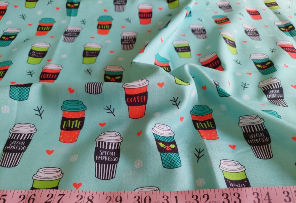 Coffee cups theme fabric - novelty print fabric, with coffee cups in bright colors, for children's clothing, dresses and skirts.