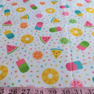 Novelty print fabric, for children's clothing, dog bandanas and quilting, with watermelons, pineapples and popsicle theme print.
