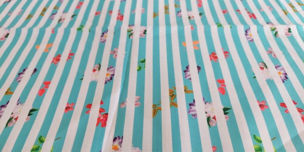 Stripes & Flowers print fabric, for classic children's clothing, dog bandanas, quilting, ties and bowties, and skirts & dresses.