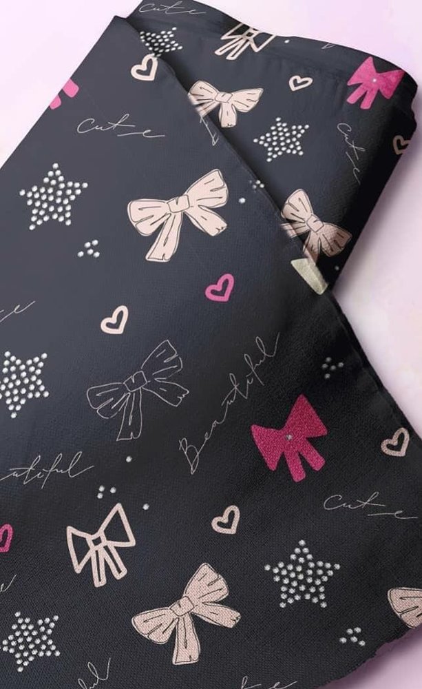Bows, stars, hearts print fabric with words printed, for shirts, dog bandanas, children's clothing, sewing, quilting & crafts.