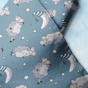 Clouds & moon novelty print fabric with wooly sheep & stars for children's clothing, dog bandanas, skirts & dresses.