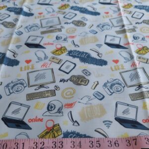 Cotton print fabric with computers, laptops, social media, cameras, wifi for children's clothing, quilting, sewing and dresses.