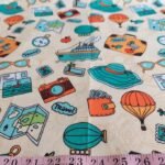 Cotton print fabric in travel and holiday theme, with travel bags, for children's clothing, quilting, sewing and dresses.