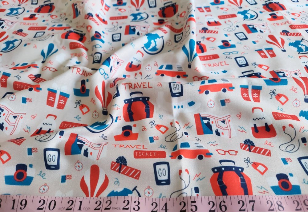 Cotton print fabric in travel and holiday theme, with travel bags