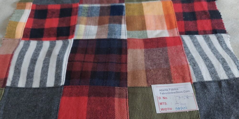 Patchwork Flannel Plaid or Flannel madras fabric for men's shirts, outdoor clothing, children's clothing, and dog bandanas.