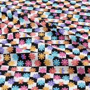 Checkered Squares Novelty Print Fabric with flowers, for sewing bowties & ties, men's shirts, dog & cat bandanas and bows.