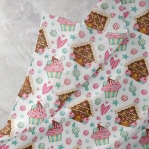 Novelty fabric for children's clothing, dog bandanas, pet clothing, with cupcakes, candies, ginger bread house & hearts.