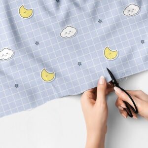 Novelty Print fabric - grid check with clouds, moon and stars print, for handmade children's clothing, dog bandanas & skirts.