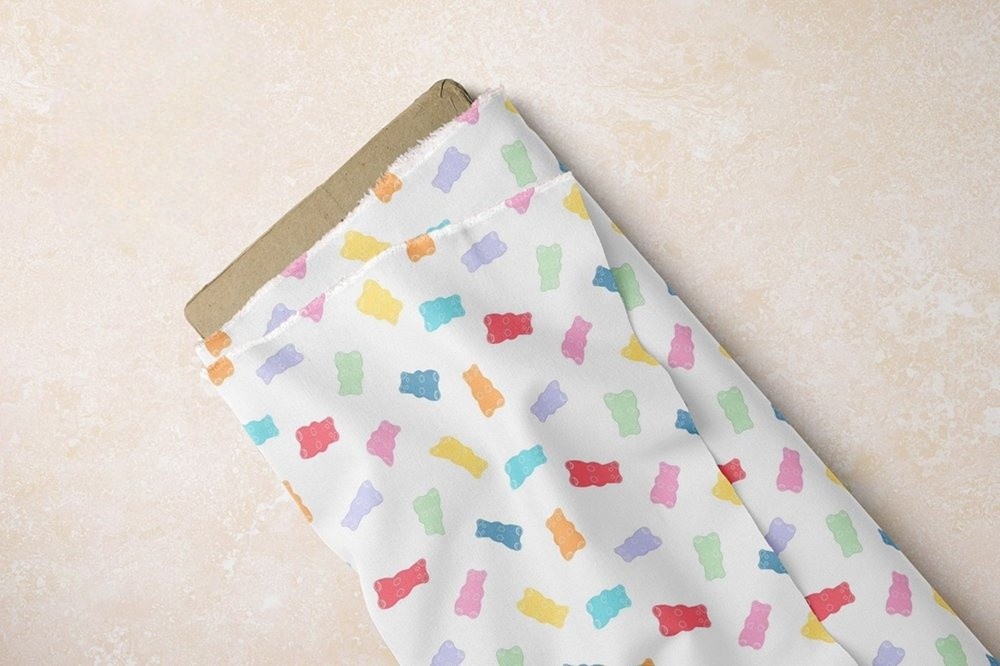 Gummy Bears Print fabric - colorful gummy bears print, for handsewn children's clothing, dog bandanas & bows, and dresses.