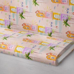 Colorful Houses Print fabric - houses & palm trees print, for holiday clothing, children's clothing & resort clothing.
