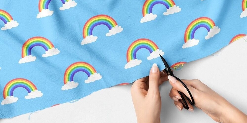 Rainbows and clouds Print fabric, in bright colors, for children's clothing, dog bandanas and bows, and etsy sewing.