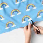 Rainbows and clouds Print fabric, in bright colors, for children's clothing, dog bandanas and bows, and etsy sewing.