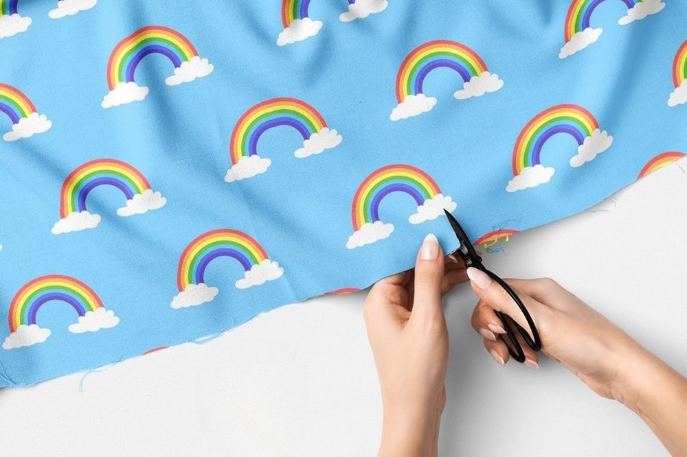 Rainbows and clouds Print fabric, in bright colors, for children's clothing, dog bandanas and bows, and etsy sewing.