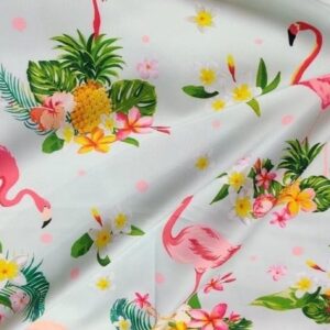 Tropical print fabric, with pink flamingos, pineapples, flowers, for sewing resort clothing, children's clothing and skirts.