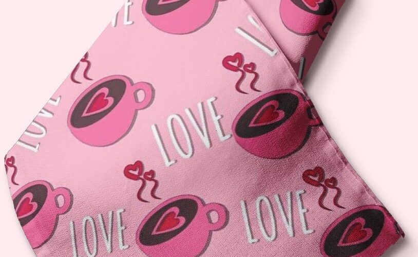 Novelty fabric with coffee and love theme print, for quilting, skirts, bowties, children's clothing & dog and bandanas.