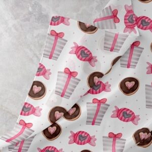 Novelty fabric with donuts, candies and gift boxes print, for skirts, bowties, children's clothing & dog and bandanas.