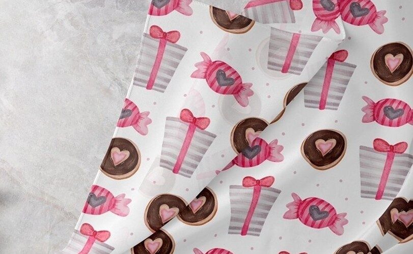 Novelty fabric with donuts, candies and gift boxes print, for skirts, bowties, children's clothing & dog and bandanas.