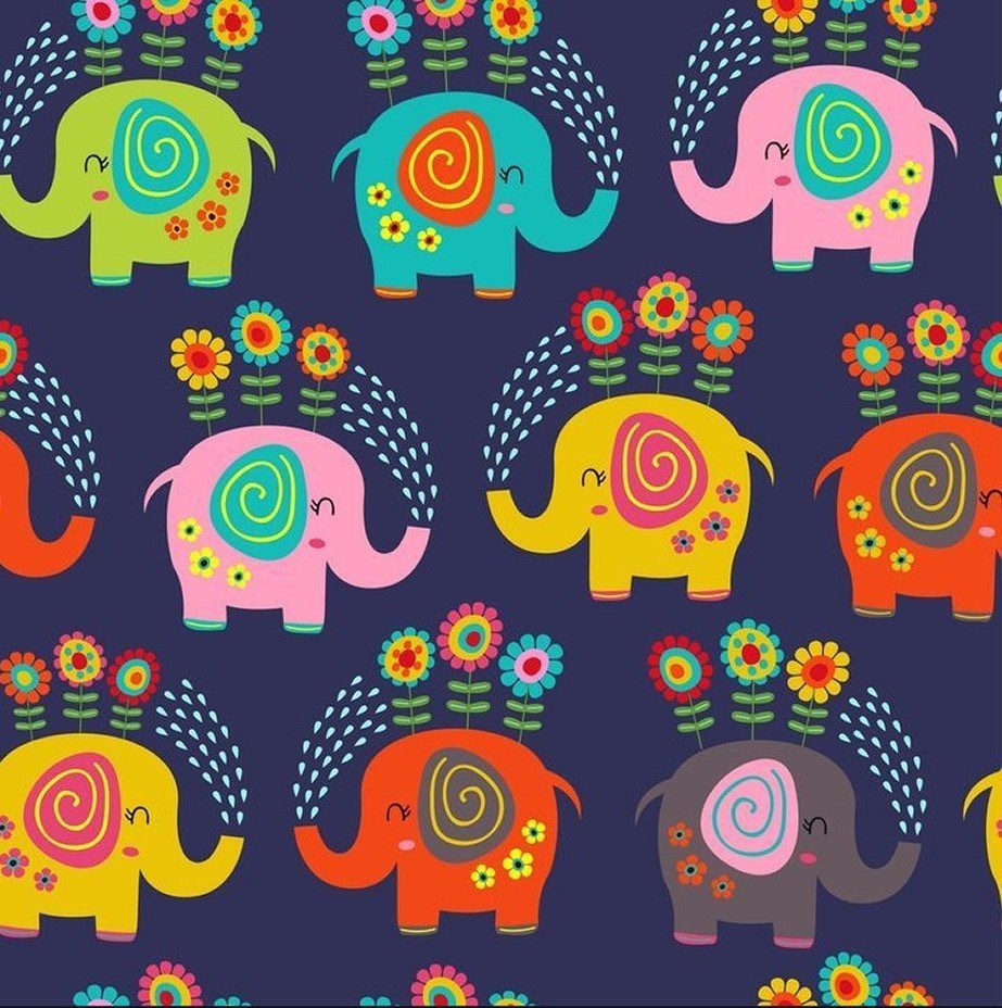 Novelty fabric with elephants and flowers with water sprinkles, for skirts, bowties, children's clothing & dog and bandanas.