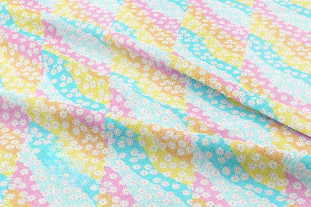Novelty fabric with Floral Wave Stripes print print in bright colors, for shirts, skirts, bowties, & dog bandanas.