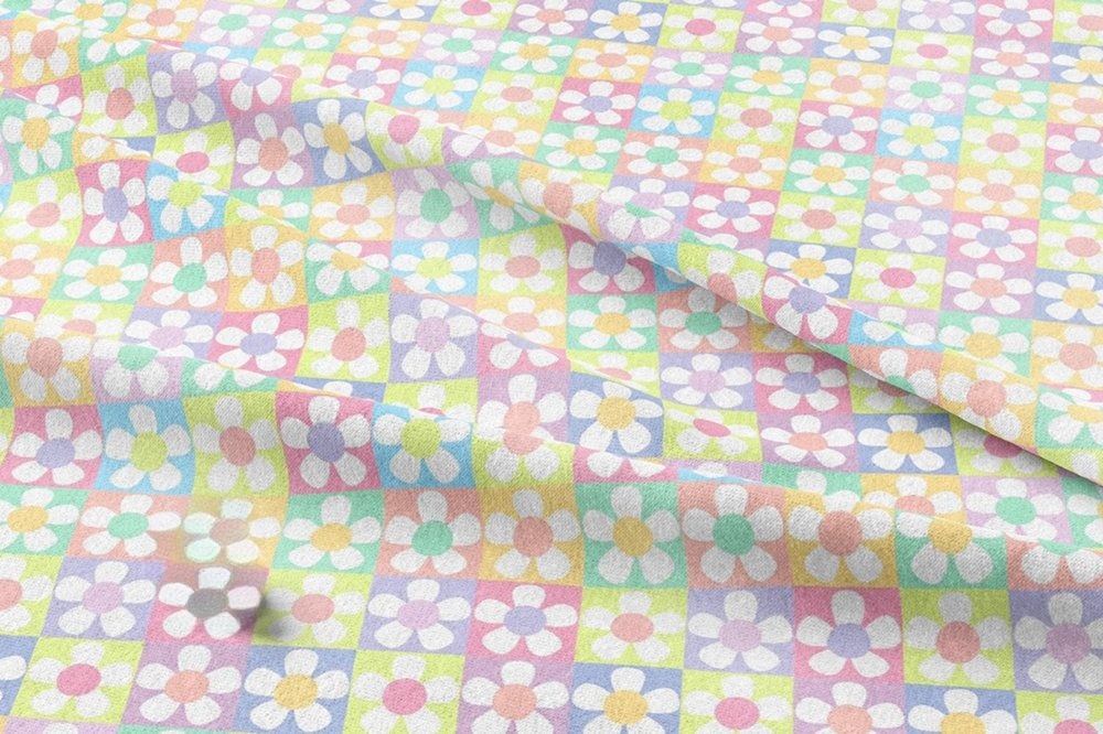 Novelty fabric for summer sewing with flowers / floral print with square blocks, for shirts, skirts, bowties, & dog bandanas.