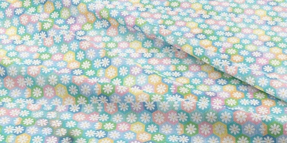 Novelty fabric with floral print & geometric hexagon print in bright colors, for shirts, skirts, bowties, & dog bandanas.