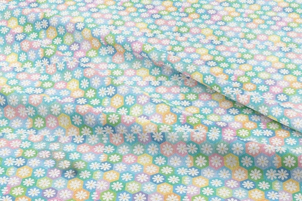 Novelty fabric with floral print & geometric hexagon print in bright colors, for shirts, skirts, bowties, & dog bandanas.
