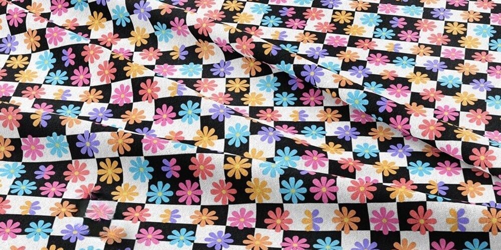 Novelty fabric with floral print & geometric squares print in bright colors, for shirts, skirts, bowties, & dog bandanas.