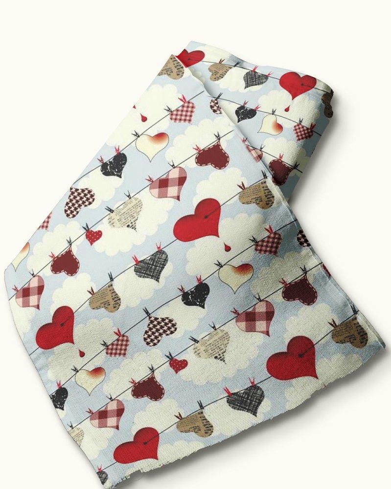 Novelty fabric with hearts hanging to dry theme print, for quilting, skirts, bowties, children's clothing & dog and bandanas.