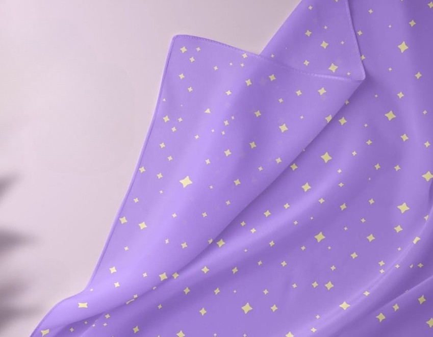 Novelty fabric in Lilac color, with yellow stars print, for skirts, bows, children's clothing, handmade etsy crafts & bandanas.