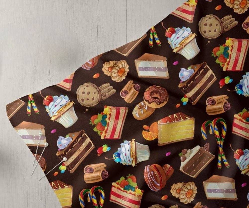Printed fabric with cheesecakes, pastries & candies prints, for children's clothing, quilting, summer sewing, and crafts.