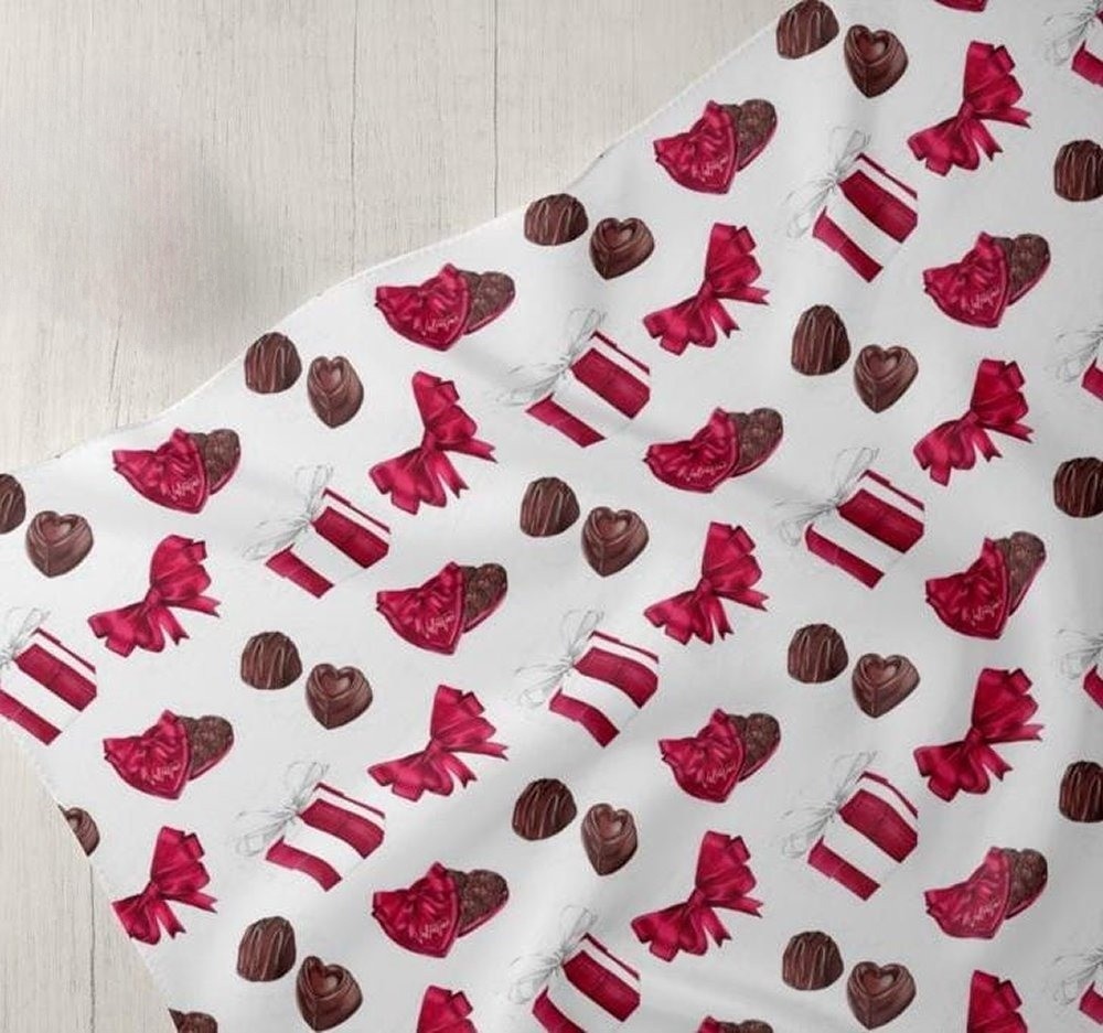 Chocolate Pralines & Gift Boxes print fabric, for sewing children's clothing, dresses, dog & cat bandanas and bows & crafts.