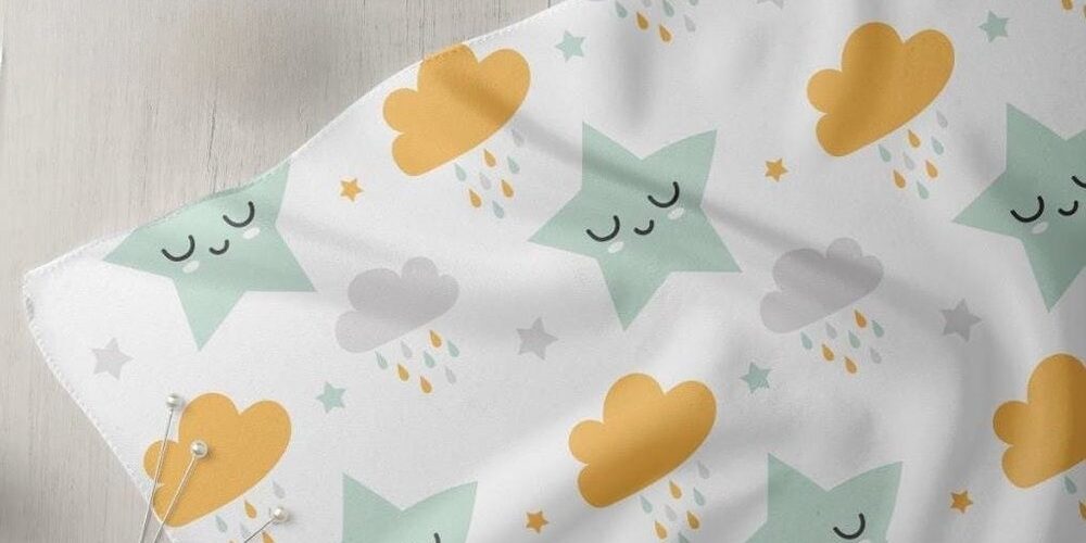 Clouds Rain Smiling Stars print fabric, for sewing children's clothing, dresses, dog & cat bandanas and bows, & etsy crafts.