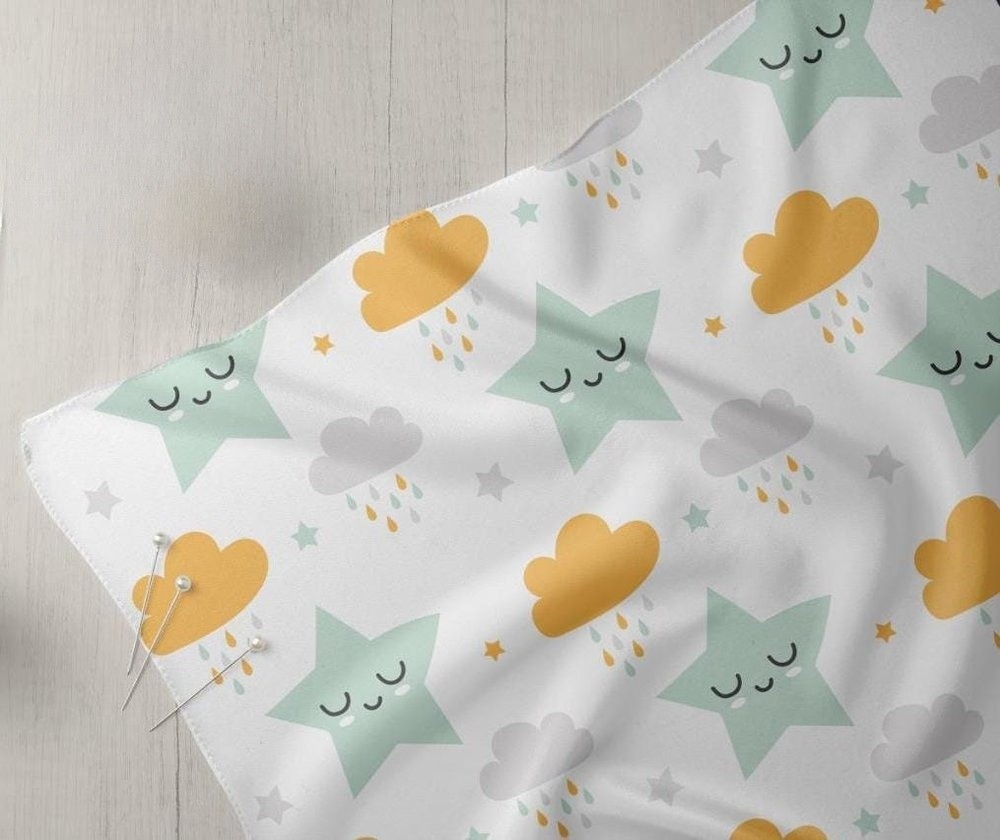 Clouds Rain Smiling Stars print fabric, for sewing children's clothing, dresses, dog & cat bandanas and bows, & etsy crafts.