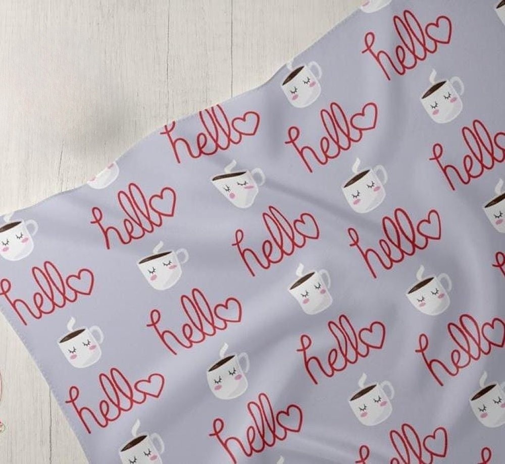 Coffee & Hello Greetings print fabric, for sewing children's clothing, dresses, dog & cat bandanas and bows & crafts.