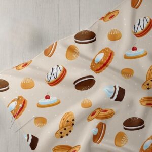 Printed fabric with jam & cream cookies prints, for children's clothing, quilting, summer sewing, dog bandanas and crafts.
